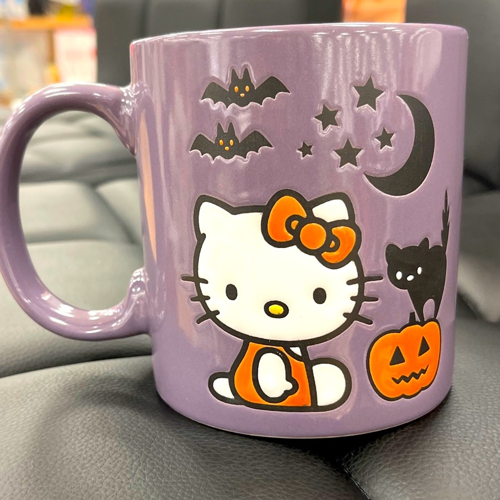 Hello Kitty Mug Sanrio Halloween Purple with Cat Pumpkin, Bats, Moon Stars ✨